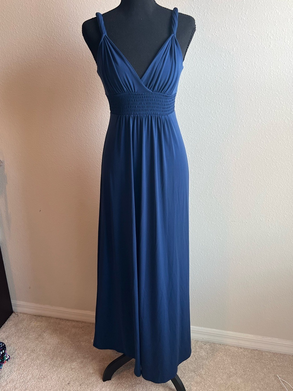 Max & Cleo Womens XS Navy Blue V-Neck Empire Waist Maxi Dress Formal Evening
